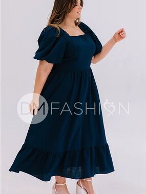 DM Fashion Plus-Size Square Neck Midi Dress with Puff Sleeves - Navy